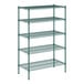 A green Regency wire shelving unit with five shelves.