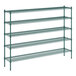 A green Regency wire shelving unit with five shelves.