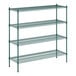 A green metal wire shelving unit with four shelves.