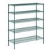 A green metal wire shelving unit with four shelves.