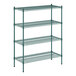 A Regency green wire shelving unit with four shelves.