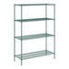 A green wire shelving unit with four shelves.