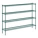 A green metal Regency wire shelving unit with four shelves.