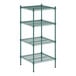 A Regency green wire shelving unit with four shelves.