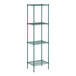 A green wire shelving unit with four shelves.