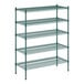 A green wire shelving unit with four shelves.