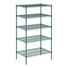 A green metal wire shelving unit with 5 shelves.