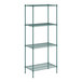 A green wire shelving unit with four shelves.