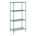 A green wire shelving unit with four shelves.