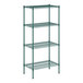 A green wire shelving unit with four shelves.