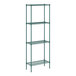 A green wire shelving unit with four shelves.