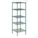 A green metal Regency wire shelving unit with four shelves.