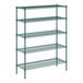 A green metal Regency wire shelving unit with four shelves.