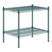 A green metal wire shelf with two shelves and black legs.