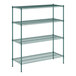 A green wire shelving unit with four shelves and metal posts.