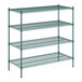 A Regency green wire shelving unit with four shelves.