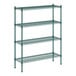 A green wire shelving unit with four shelves and 54" posts.