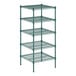 A green metal wire shelving unit with five shelves.