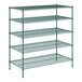 A Regency green wire shelving unit with five shelves.