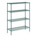 A green metal wire shelving unit with four shelves.