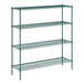 A Regency green metal wire shelving unit with four shelves.