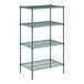 A green wire shelving unit with four shelves.