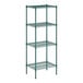 A green wire shelving unit with four shelves.