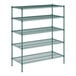 A Regency green wire shelving unit with 5 shelves.