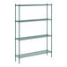 A green wire shelving unit with four shelves by Regency.