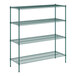 A Regency green wire shelving unit with four shelves.