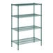 A green wire shelving unit with four shelves.