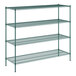 A green metal wire shelving unit with four shelves.