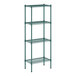 A green wire shelving unit with four shelves.