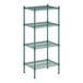 A green wire shelving unit with four shelves.