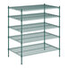 A Regency green wire shelving unit with four shelves.