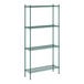 A green metal wire shelving unit with four shelves.