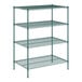 A Regency green wire shelving unit with four shelves.