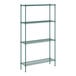 A green metal Regency wire shelving unit with four shelves.