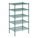 A green wire shelving unit with four shelves.