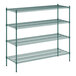 A green wire shelving unit with four shelves.