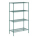 A green wire shelving unit with four shelves.