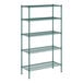 A green wire Regency shelving unit with four shelves.