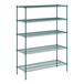 A green metal Regency wire shelving unit with four shelves.