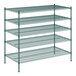 A green wire shelving unit with four shelves.