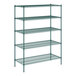 A green metal shelving unit with five shelves.