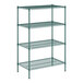 A green metal wire shelving unit with four shelves.