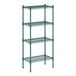 A green wire shelving unit with four shelves.