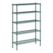 A green metal wire shelving unit with five shelves.