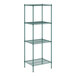 A green wire shelving unit with four shelves.