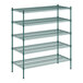 A green metal wire shelving unit with five shelves.